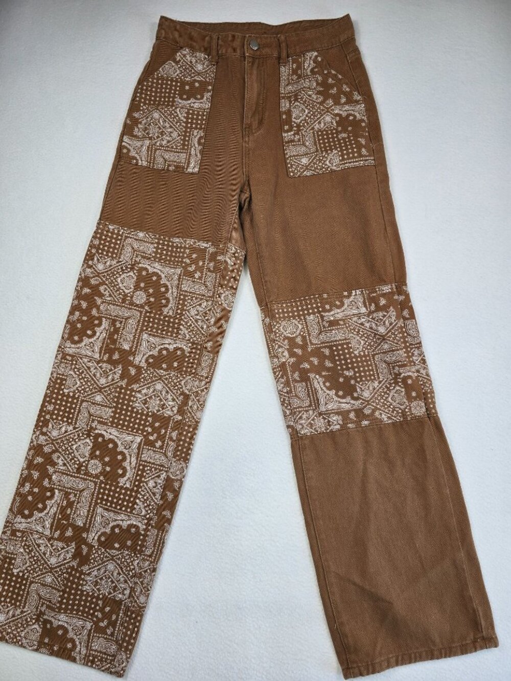 Shein Womens 4 Small  Brown Denim Patchwork Pants Boho Hippie Wide Leg Jeans